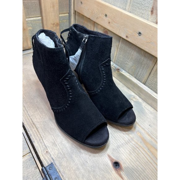 US9.5 NEW Minnetonka Womens Open Toe Bootie Boots Western Suede Black - Picture 2 of 8